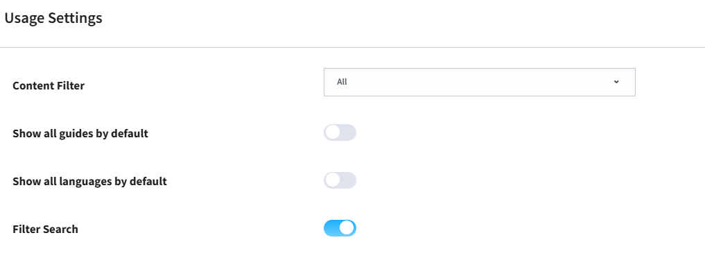 The 'Usage Settings' panel, with a 'Content Filter' dropdown set to All, toggles for 'Show all guides by default' and 'Show all languages by default' both switched off, and a 'Filter Search' toggle switched on.