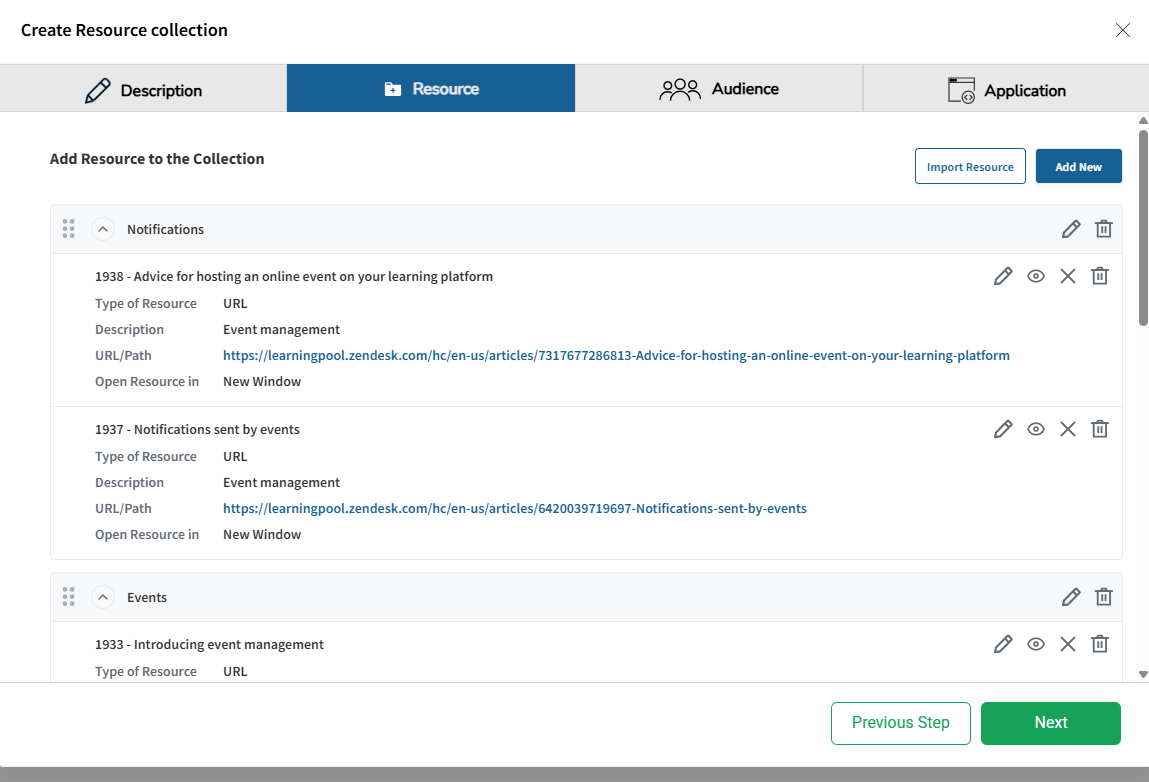 The 'Create Resource collection' dialog on its 'Resource' tab. Resources are listed under two named, collapsible groups, 'Notifications' and 'Events', each row showing the resource type, description and URL, with 'Import Resource' and 'Add New' buttons above.