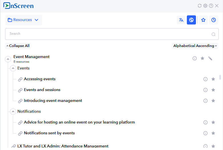The OnScreen Resources panel showing grouped resources. A collapsible 'Event Management' group containing 8 resources is expanded to show nested 'Events' and 'Notifications' sub-groups, each listing individual linked resources.